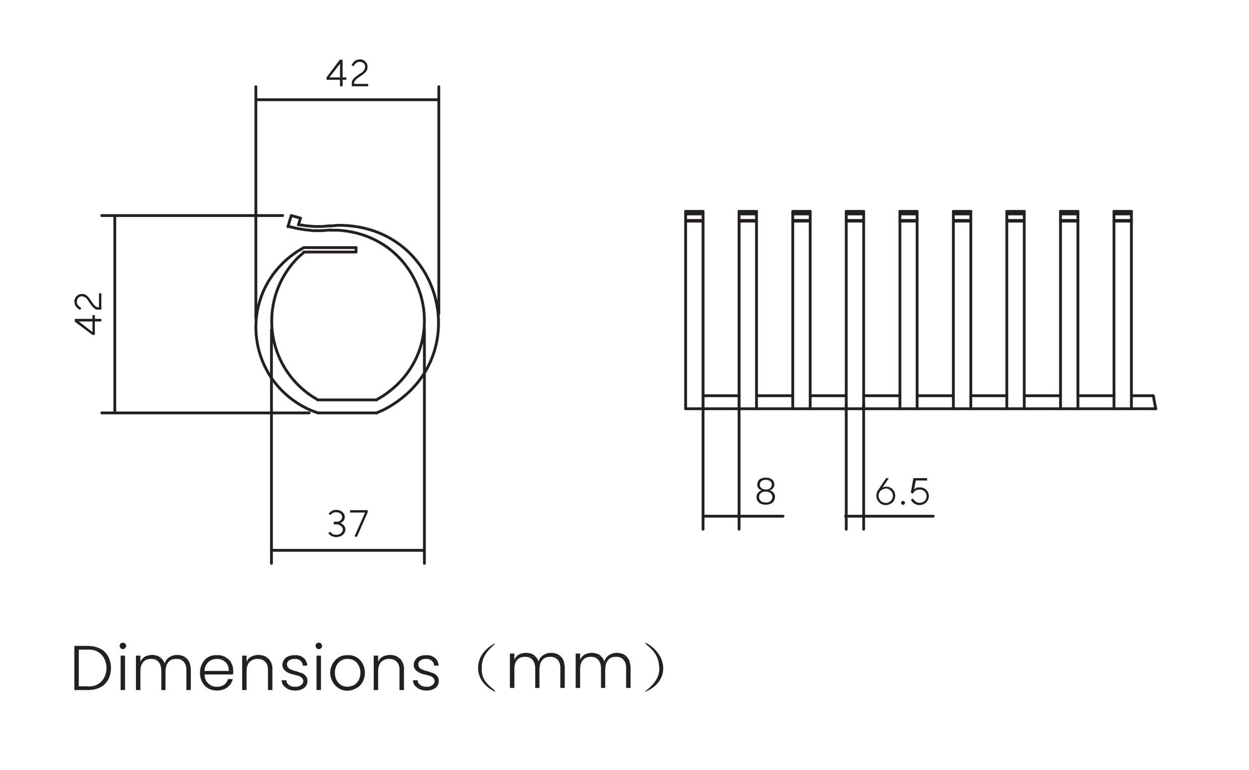 Pogled s bočne strane i pogled s prednje strane tehničkog dijela s dimenzijama 42 mm visine, 42 mm širine, 37 mm unutarnje širine, 8 mm visine postolja.