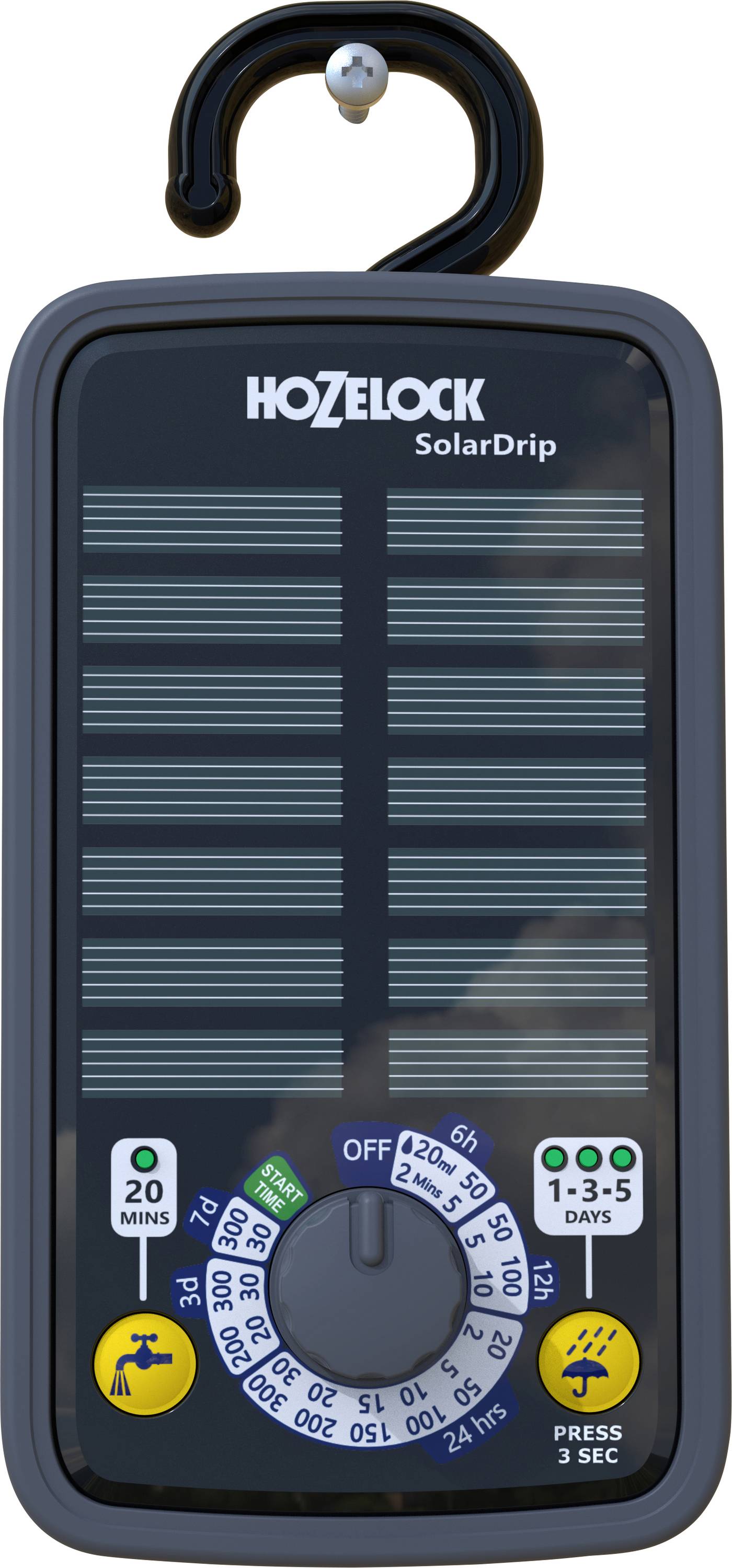 Sat za zalijevanje sa solarnim ćelijama i okretnim gumbom. Natpisi: 'HOZELOCK SolarDrip', '20 MINS', '1-3-5 DANA', 'ISKLJUČENO', 'PRITISNI 3 SEK'.