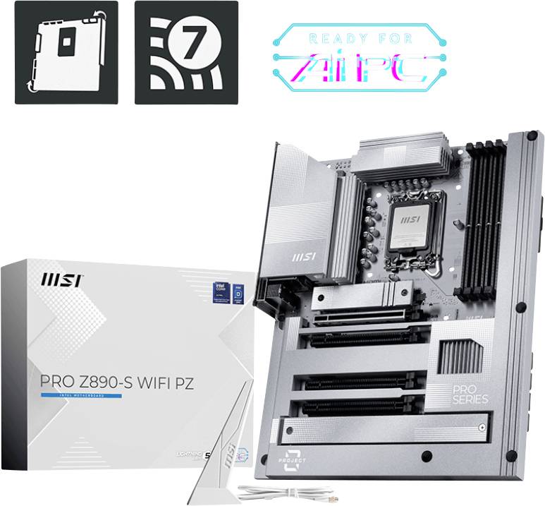 Pro Z890-S WIFI PZ matična ploča u fokusu, praćena ambalažom. Gore simboli za PCIe utore i WiFi 7 podršku.