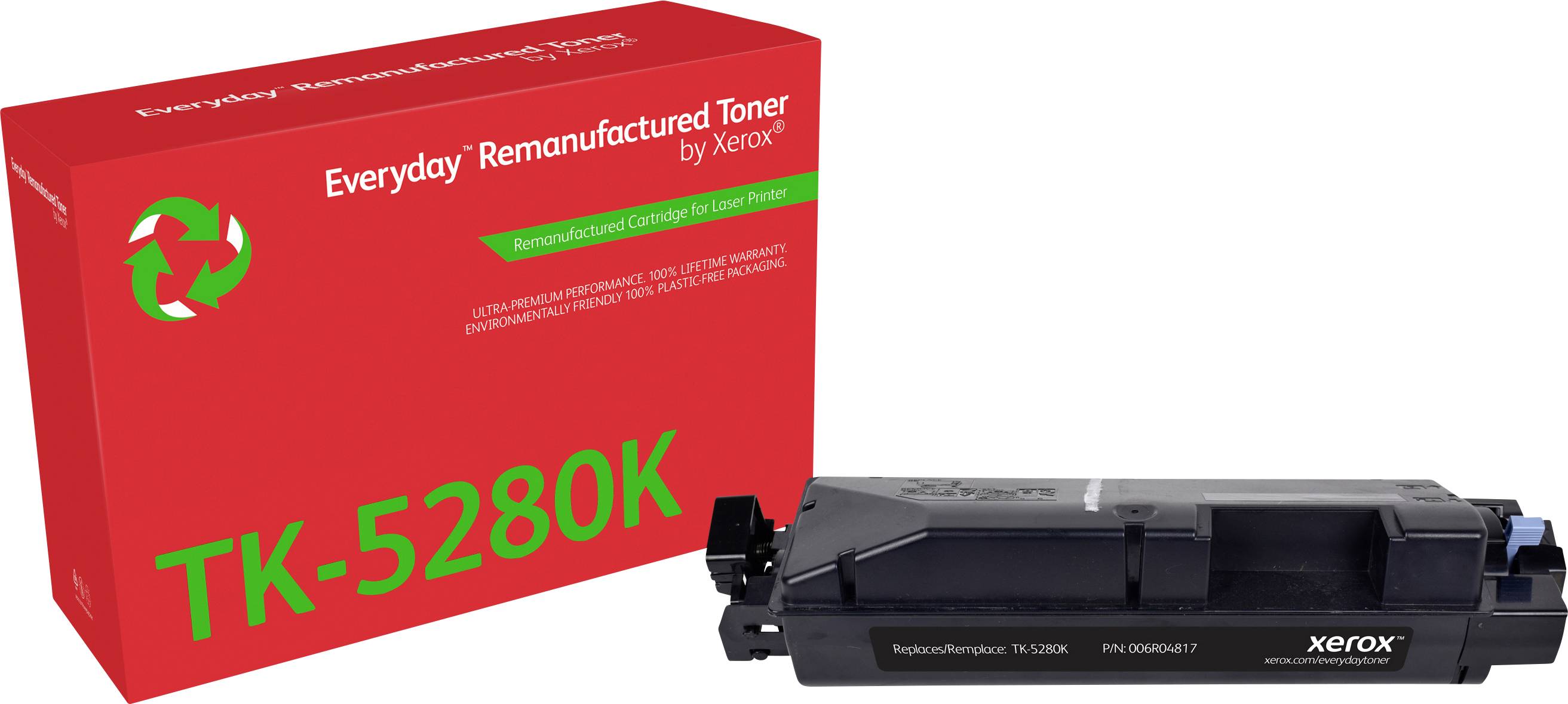 Crna toner kaseta i crvena ambalaža proizvoda s natpisom 'Everyday Remanufactured Toner by Xerox', model 'TK-5280K'.