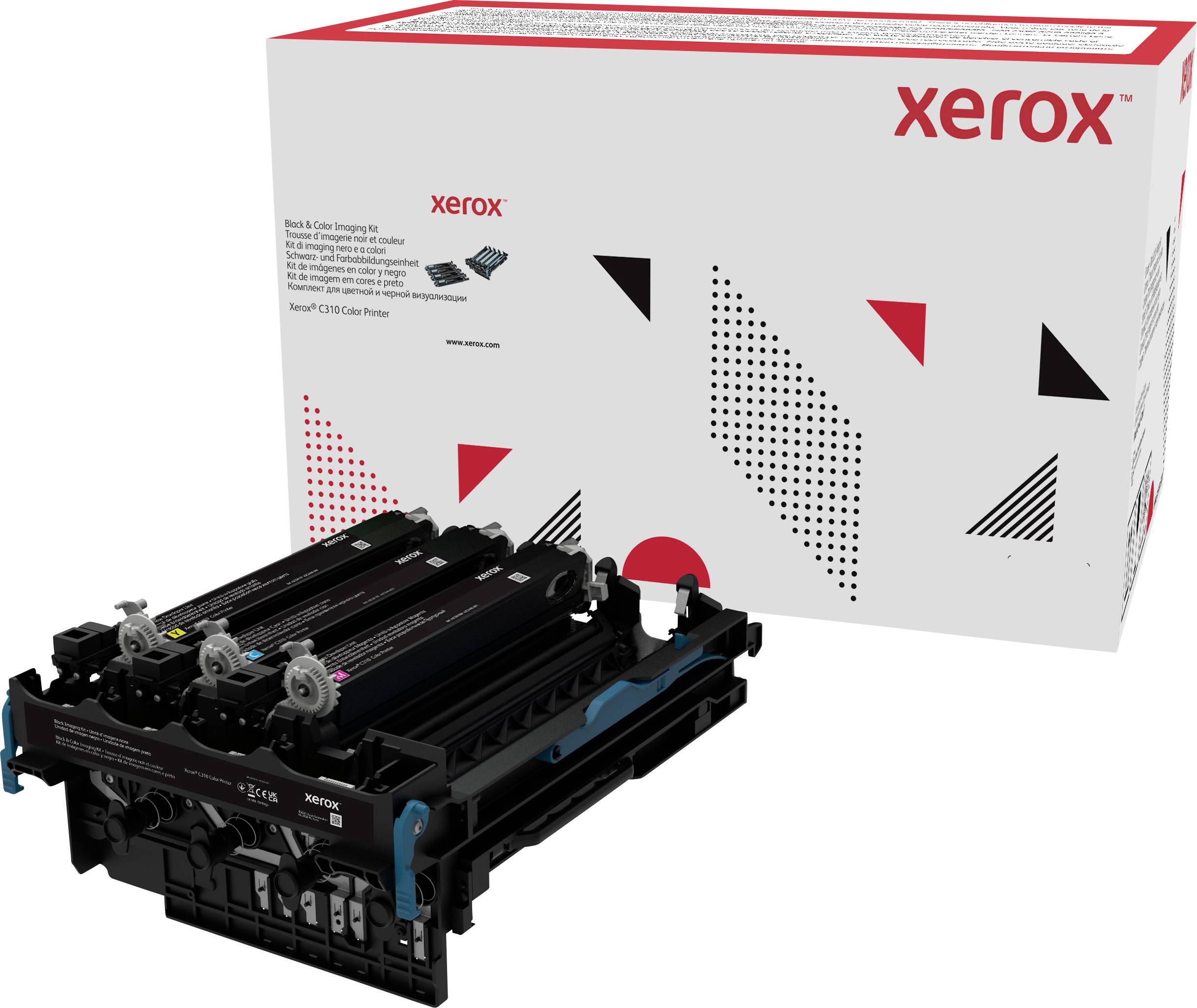 Xerox bubanjska jedinica pokraj svoje ambalaže. Ambalaža prikazuje Xerox logo i geometrijski uzorak u crvenoj i crnoj boji.