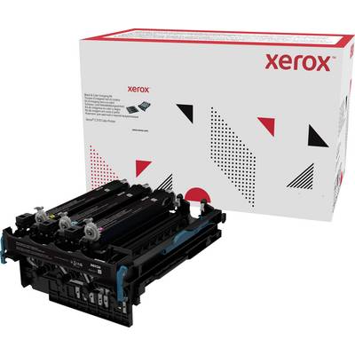 Xerox bubanjska jedinica pokraj svoje ambalaže. Ambalaža prikazuje Xerox logo i geometrijski uzorak u crvenoj i crnoj boji.