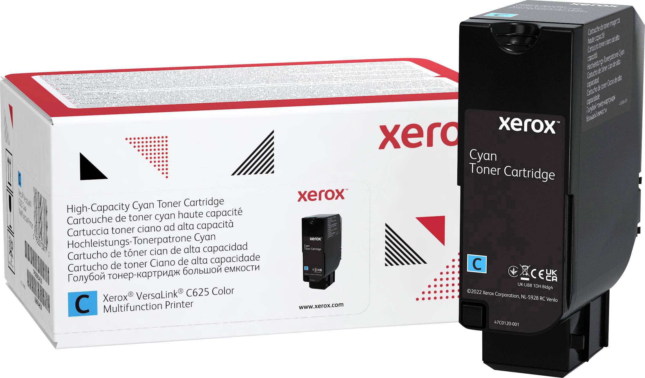 Cyan toner kazeta Xerox pored pakiranja. Naljepnica: Kompatibilno s Versalink C625 pisačem u boji. Pakiranje s detaljima proizvoda.