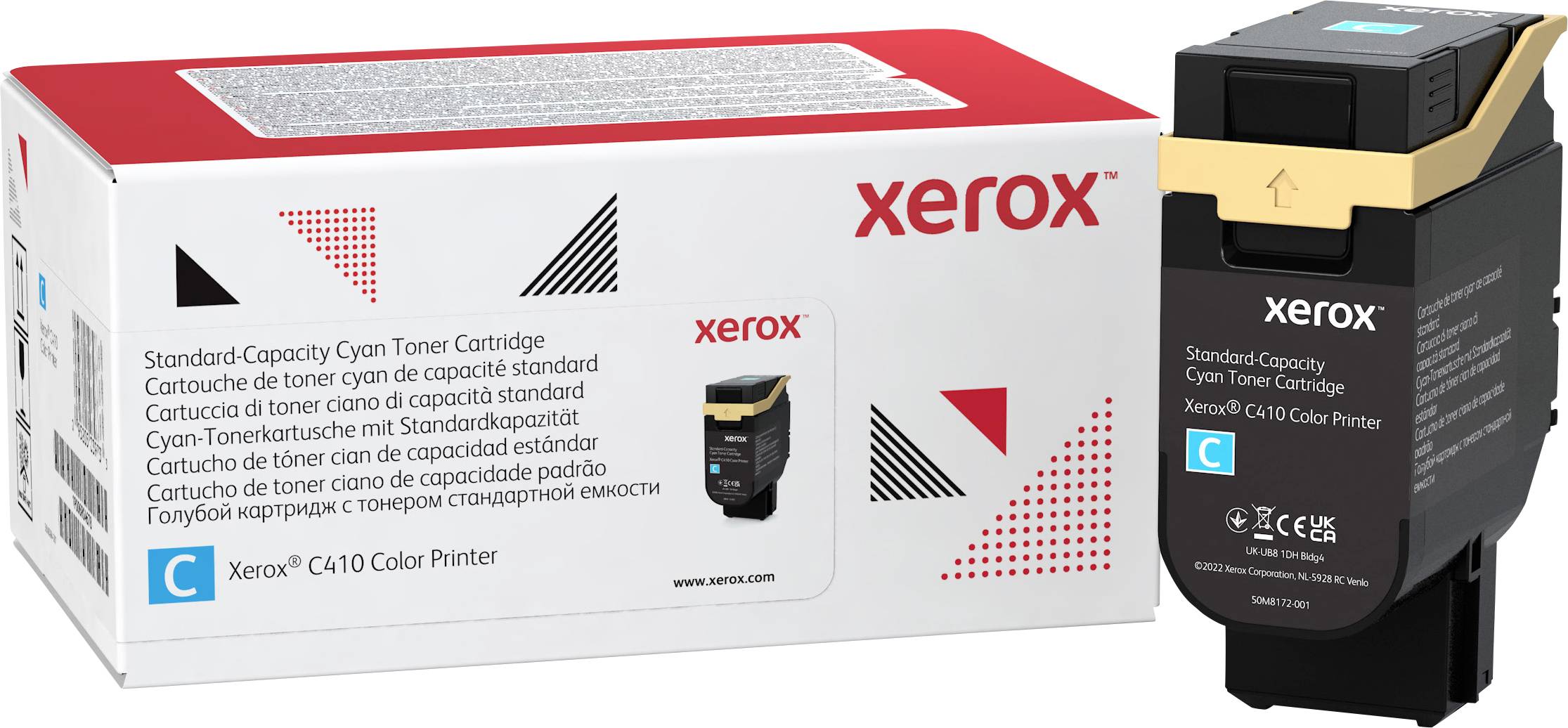 Tonerska kazeta 'Xerox C310' u cijan boji pored svoje ambalaže koja na više jezika opisuje kapacitet i kompatibilnost.