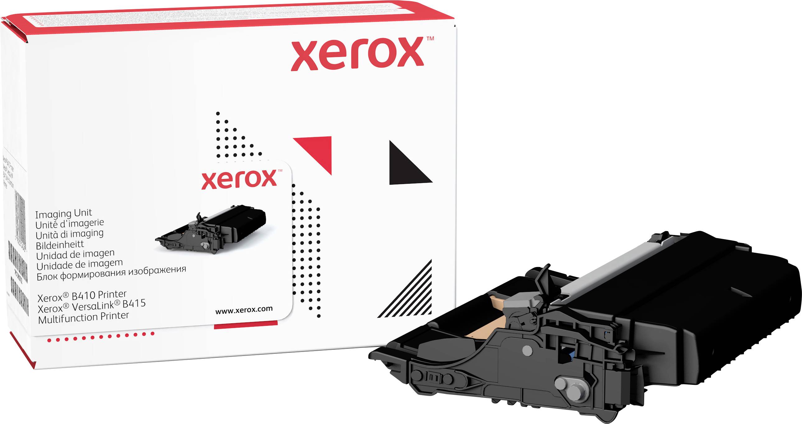 Tonerska kaseta i ambalaža za Xerox B410 pisač, s oznakom 'Imaging Unit' i 'Bildeinheit' na kutiji.