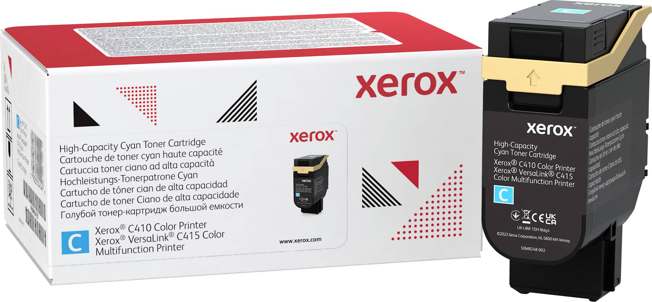 'Toner kaseta Xerox C410, visoki kapacitet. Pogodan za Xerox VersaLink C415. Pakiranje i kaseta u crnim i plavim tonovima.'
