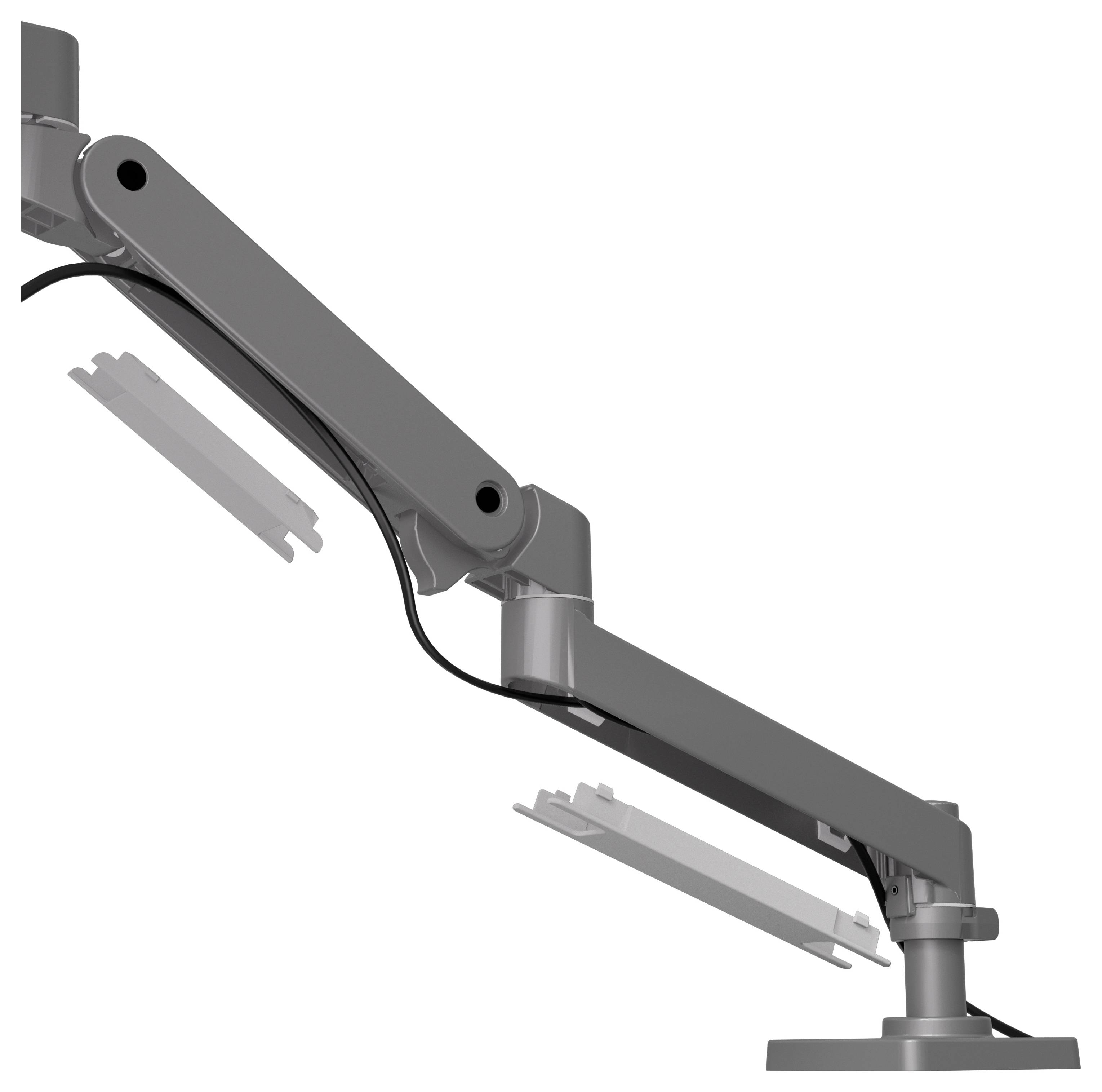 Sivi, podesivi nosač monitora s upravljanjem kablova, montiran na stolu, prikazan iz bočne perspektive.