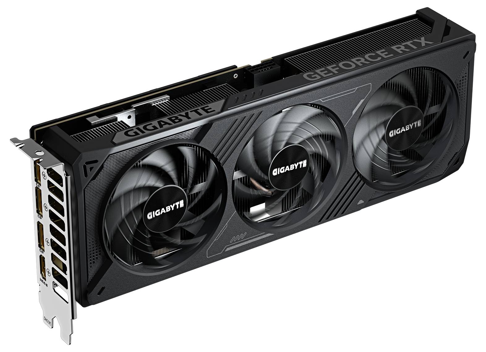 Crna Gigabyte GeForce RTX grafička kartica s tri ventilatora i više priključnih mogućnosti.