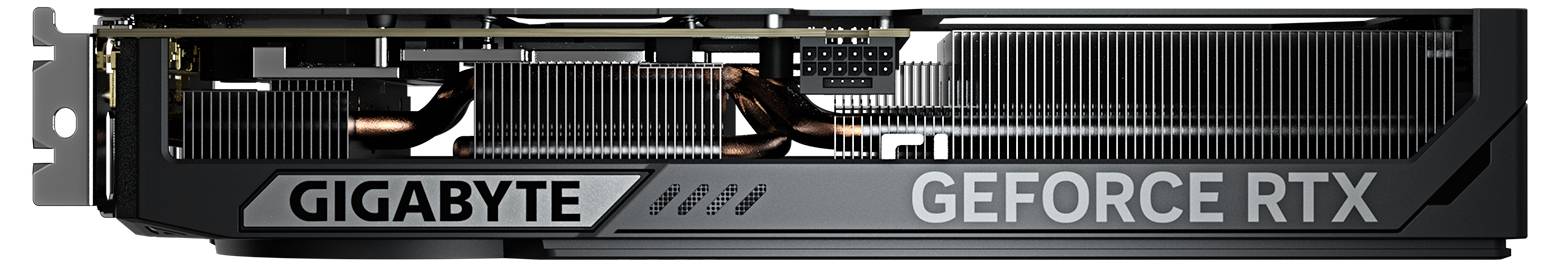 GIGABYTE GeForce RTX grafička kartica s bočne strane, vidljive hladnjačke žljebove ventilatora i priključni panel.