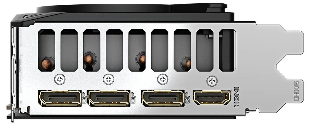 Pogled straga grafičke kartice s pet video priključaka: tri DisplayPort priključka i dva HDMI priključka.