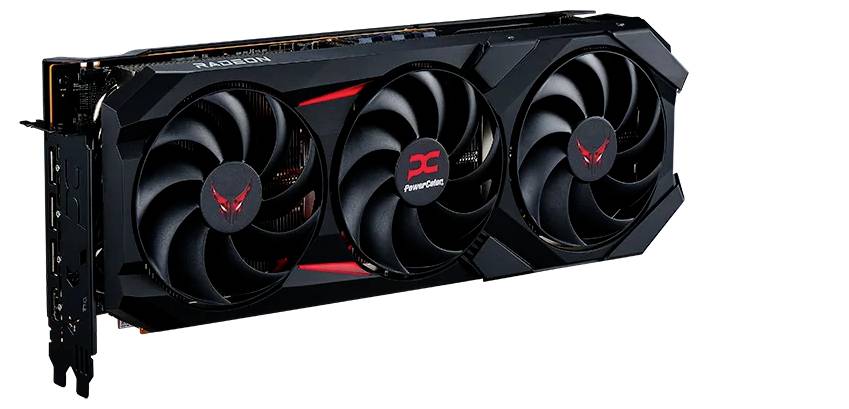 Crna grafička kartica s tri velika ventilatora. Vidljiv je naziv marke i crveni logotip. Dizajnirana za gaming računala.