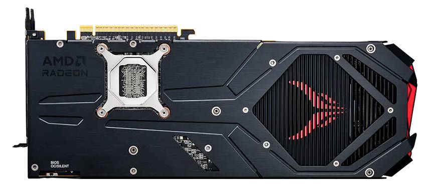 Crna AMD Radeon grafička kartica s crvenim akcentima i ventilatorima.