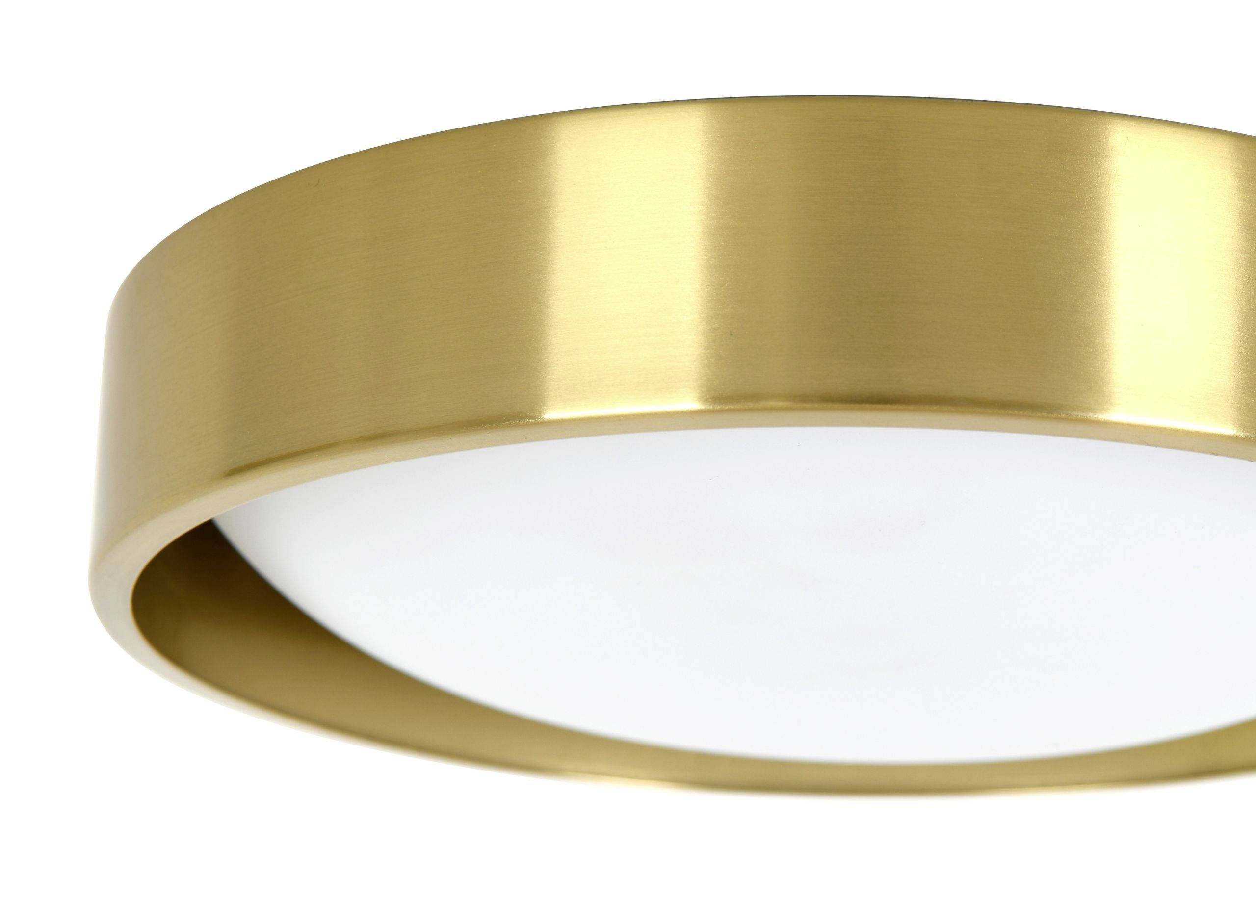 Moderna stropna lampa u zlatnoj izvedbi sa bijelim, okruglim svjetlosnim panelom. Elegantan, minimalistički dizajn za unutarnje prostore.