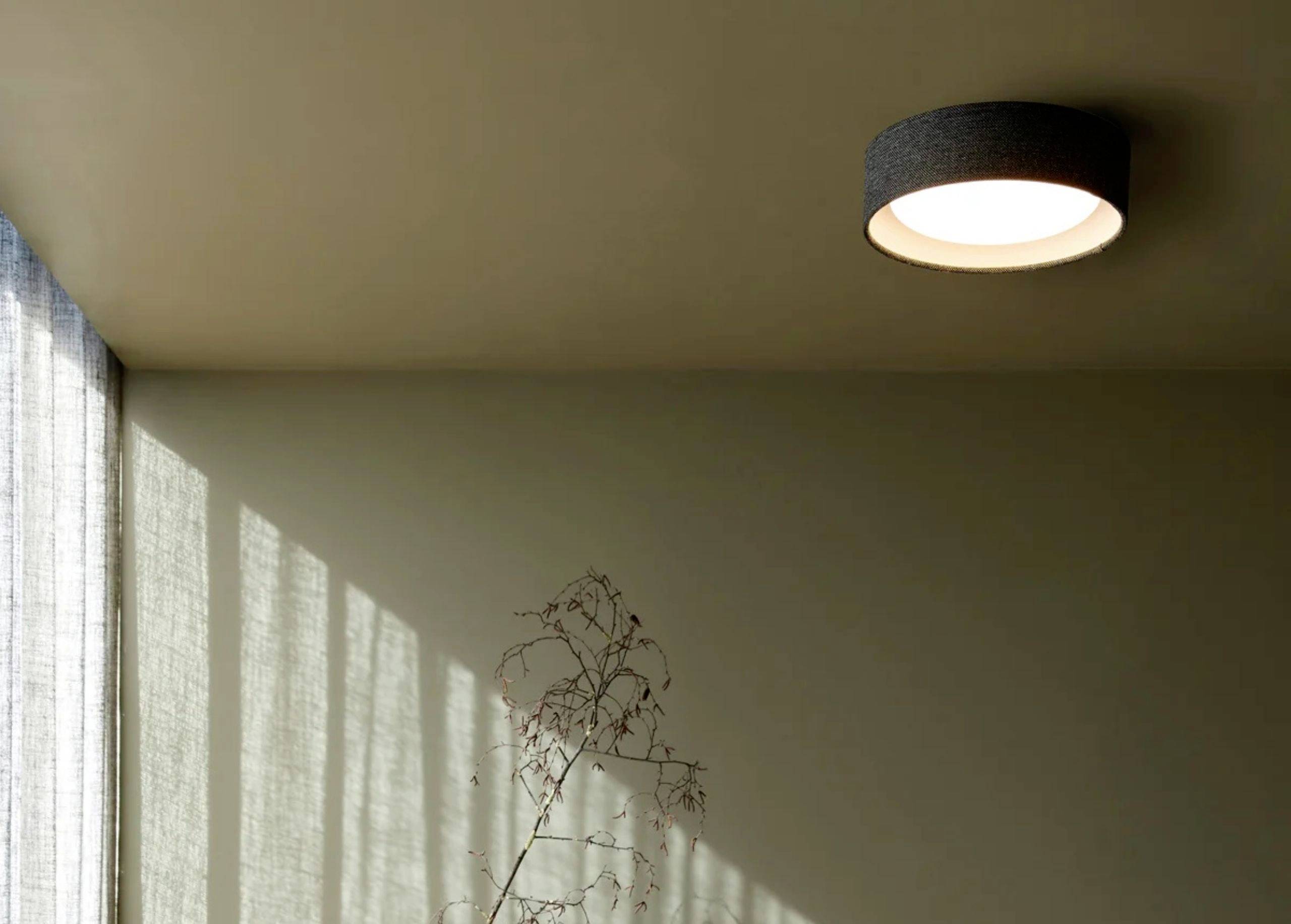 Stropna lampa sija u minimalistički uređenoj prostoriji s jednostavnim, svijetlim zidovima i svjetlosnim zrakama koje padaju kroz prozore.
