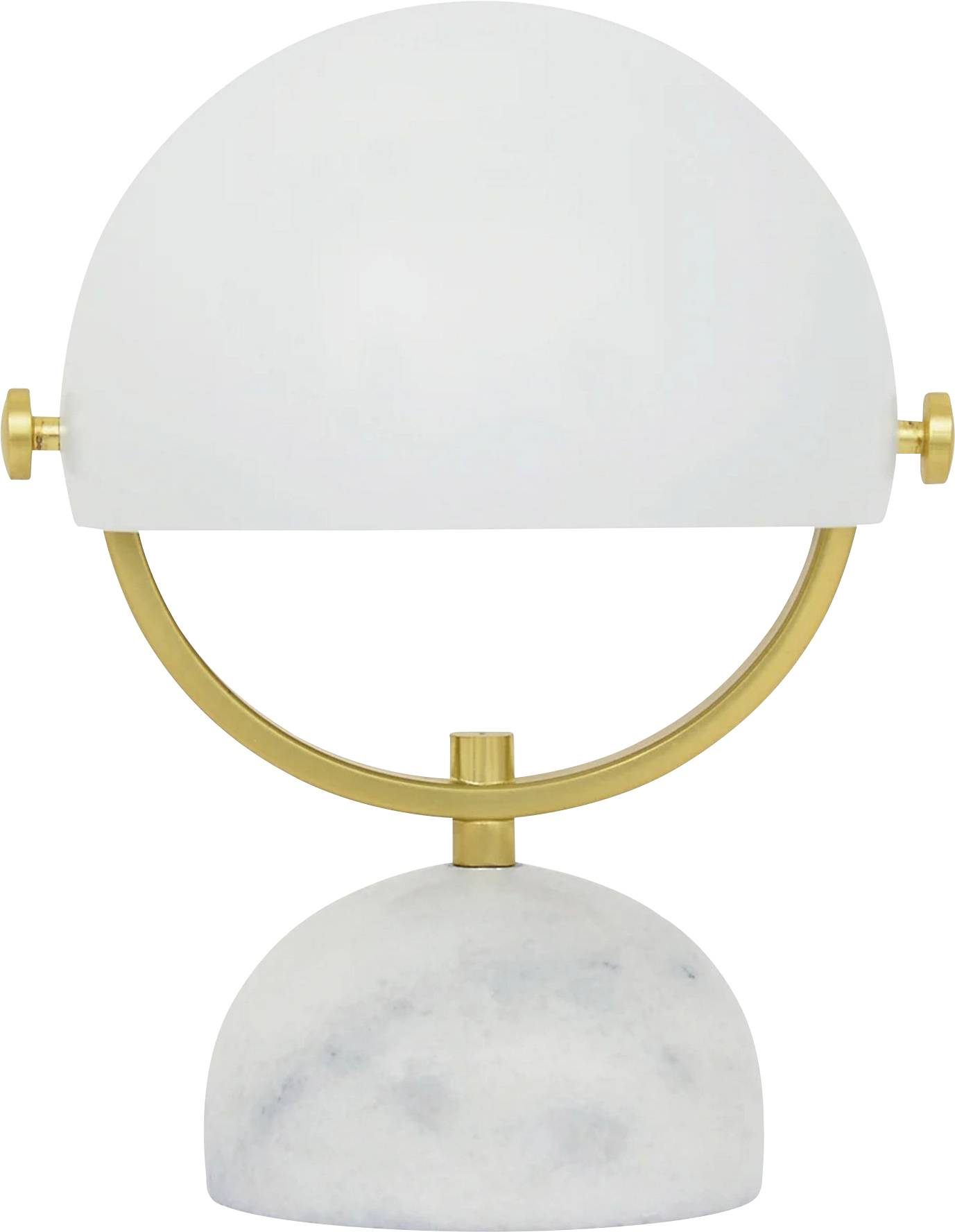 Bijela stolna lampa s kuglastim sjenilom i zlatnim nosačem na okrugloj mramornoj bazi. Modernog dizajna, pogodna za stambene prostore.
