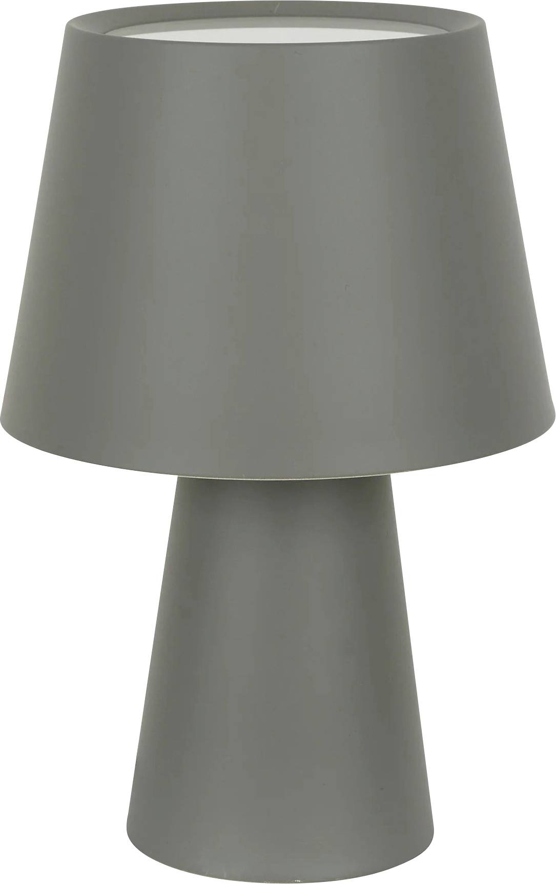 Siva stolna lampa jednostavnog, modernog dizajna. Cilindrična baza s konusnim sjenilom, pogodna za minimalistički uređene prostore.
