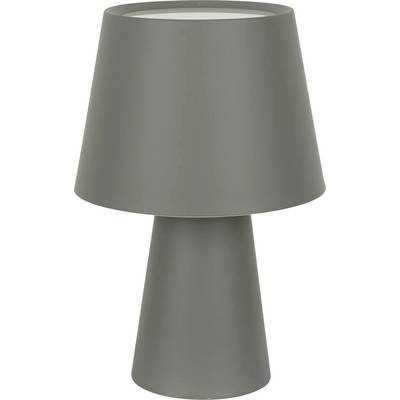 Siva stolna lampa jednostavnog, modernog dizajna. Cilindrična baza s konusnim sjenilom, pogodna za minimalistički uređene prostore.