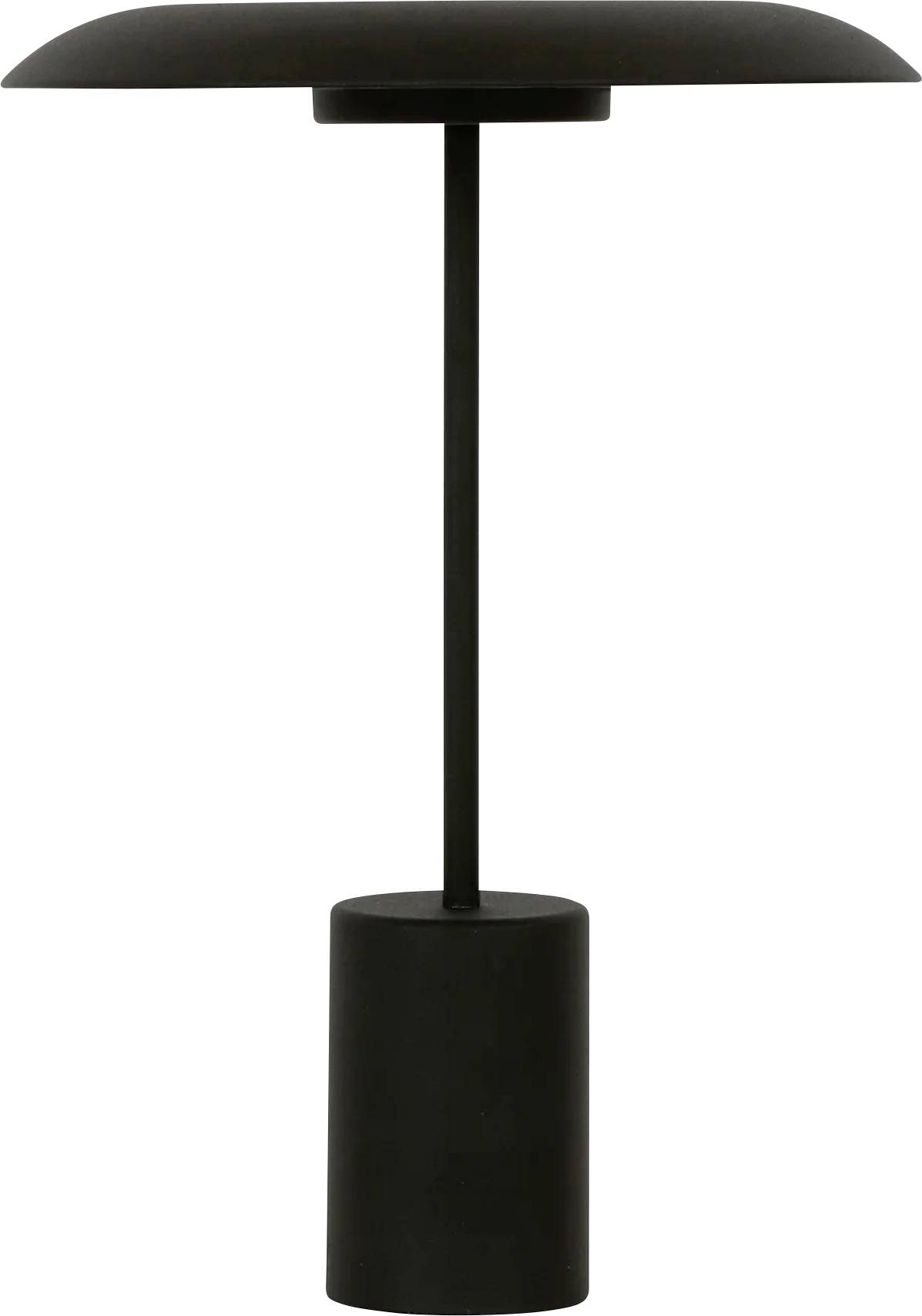 Crna moderna stolna lampa tankog postolja i ravnog sjenila, pogodna za minimalistički uređene prostorije ili uredske prostore.