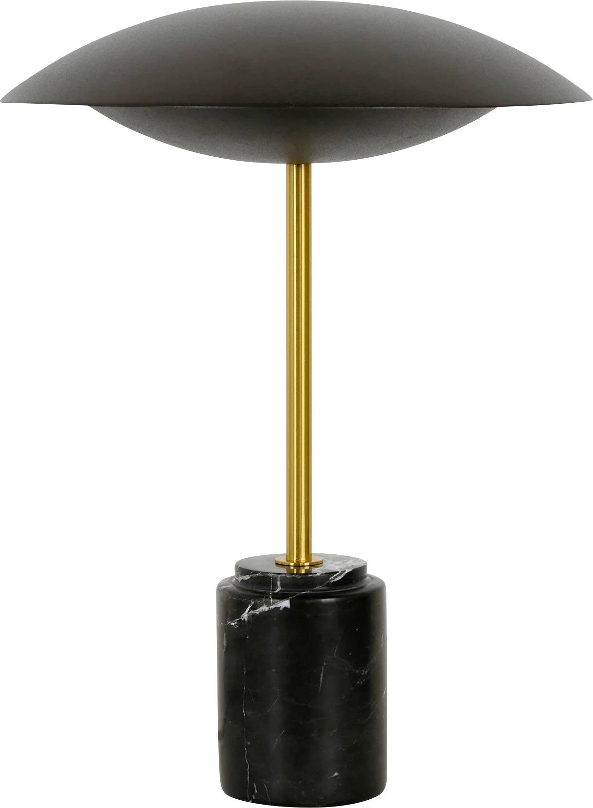 Stolna lampa s crnim, polukružnim sjenilom, zlatnom motkom i crnim mramornim postoljem.