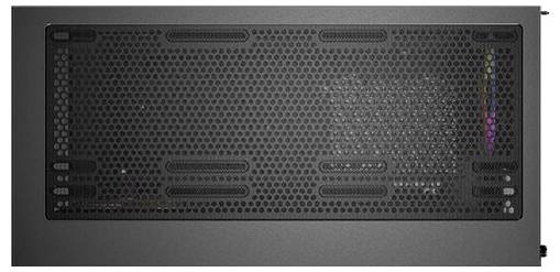 Slika prikazuje gornju stranu kućišta osobnog računala sa mnogo malih ventilacijskih otvora i diskretnim RGB bojama na desnoj strani.
