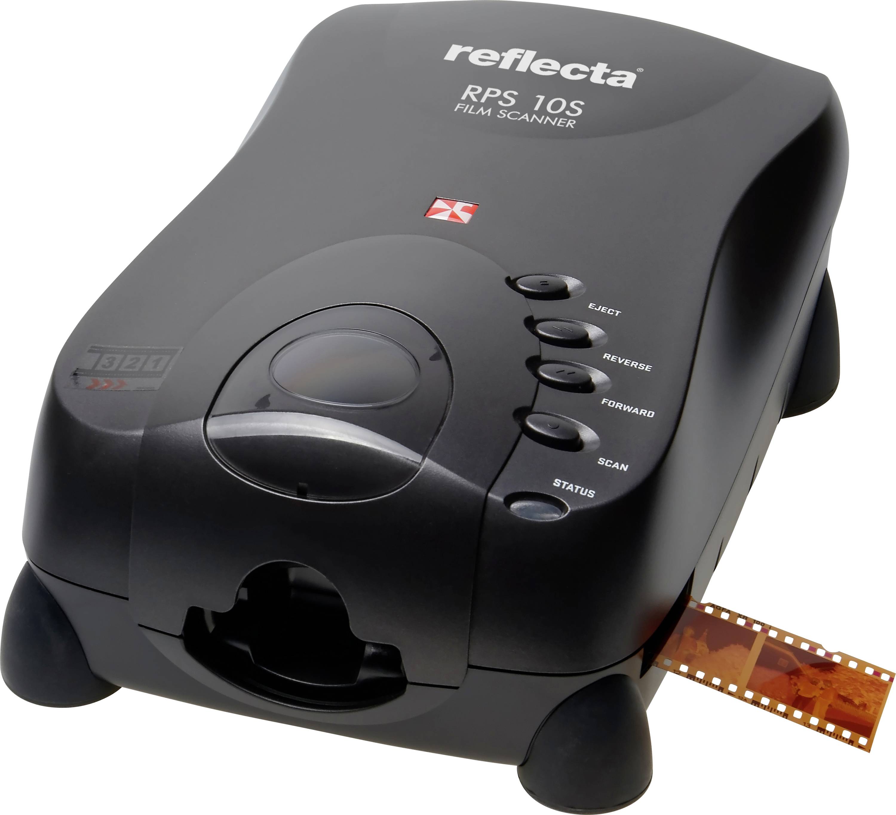 Crni filmski skener marke 'reflecta', model 'RPS 10S'. Filmska vrpca je djelomično uložena.