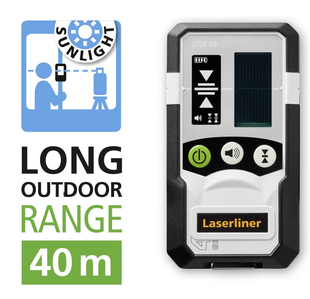 Laserski prijemnik 'Laserliner GRX-40' s velikim vanjskim rasponom do 40 m. Simbol prikazuje upotrebu pod sunčevom svjetlošću.