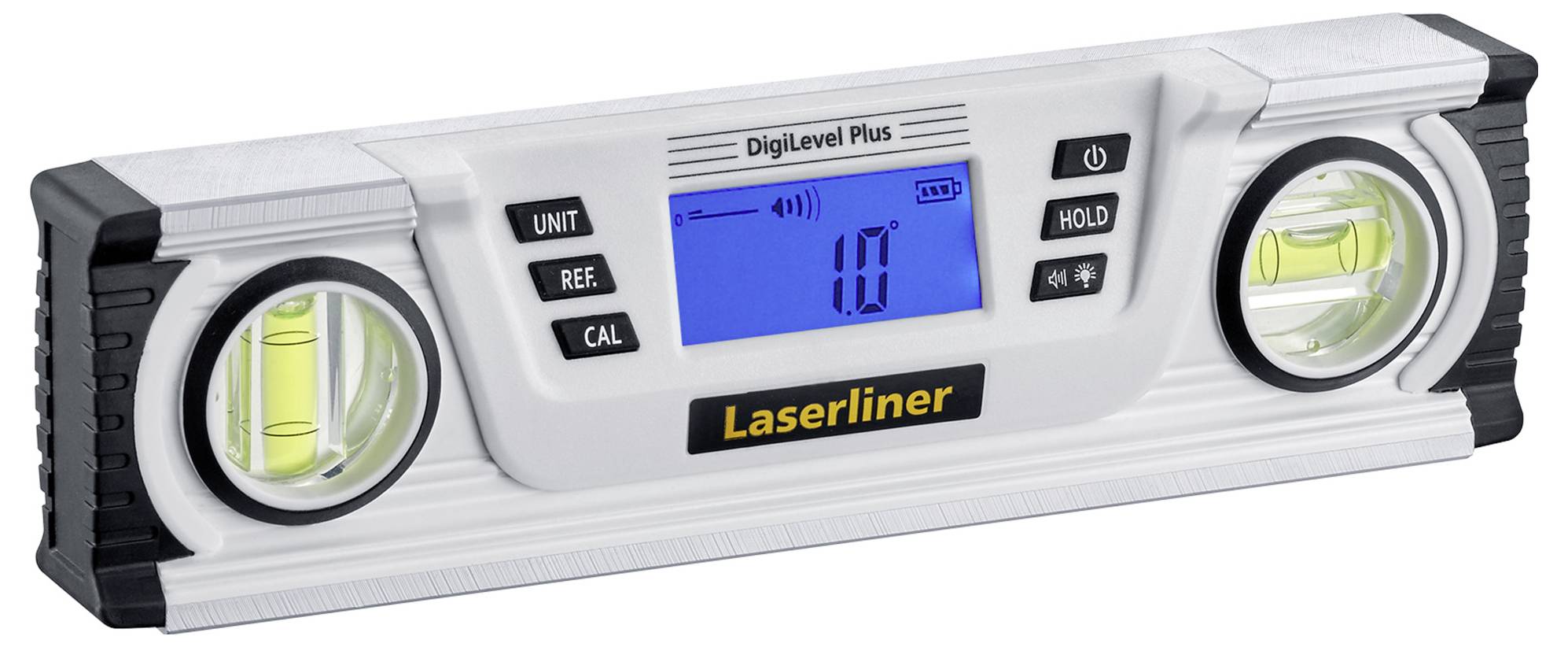 Elektronska libela s digitalnim zaslonom koji prikazuje '1.0°'. Oznake: 'UNIT', 'REF', 'CAL', 'HOLD'. Marka: Laserliner.