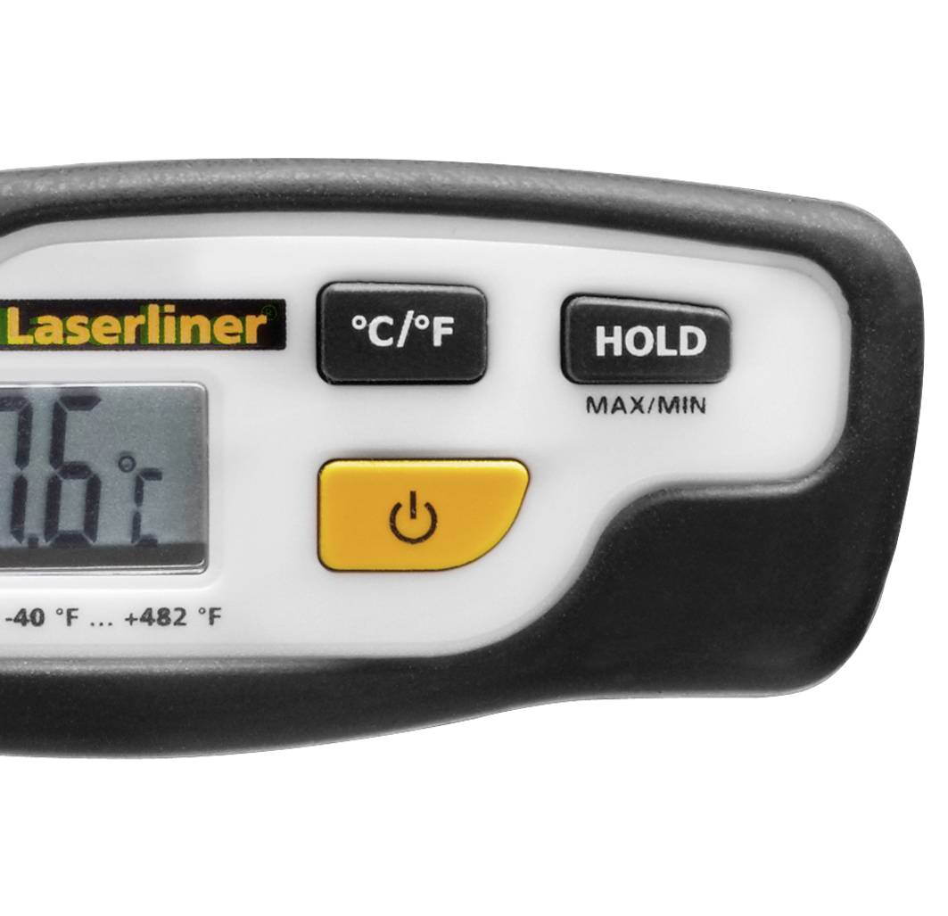 Digitalni infracrveni termometar. Prikazuje temperaturu u Celzijevim stupnjevima. Gumbi za jedinicu temperature i spremanje maksimalnih/minimalnih vrijednosti.