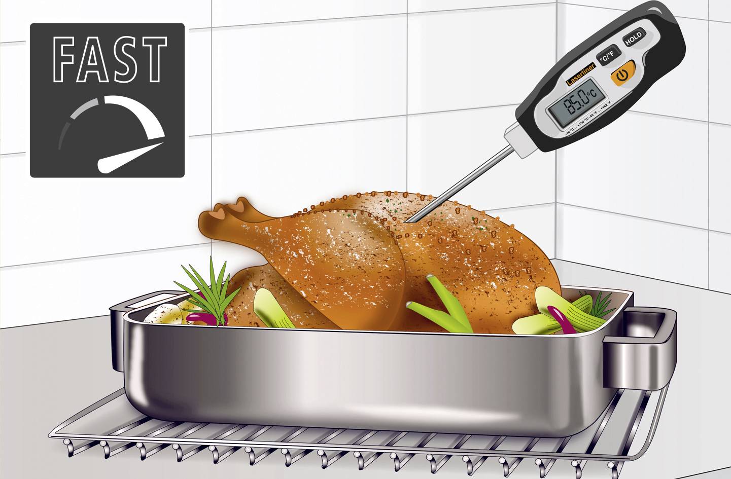 Pečena puretina u metalnoj tavi u pećnici mjeri se digitalnim termometrom koji pokazuje 85°C.