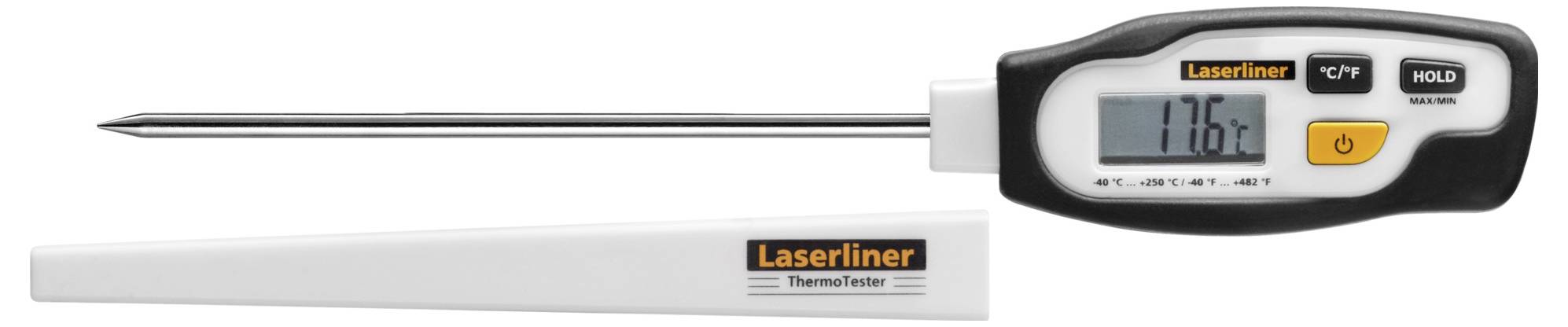 Digitalni termometar marke Laserliner s metalnom sondom, prikazuje temperaturu od 176,2 stupnjeva. Pogodan za kuhanje ili laboratorij.