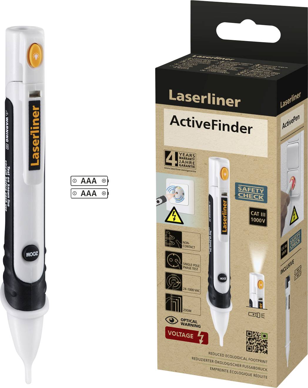 'Laserliner ActiveFinder': beskontaktni detektor napona, prepoznaje napone do 1000V. Pakiranje prikazuje proizvod i tehničke detalje. Baterije uključene.
