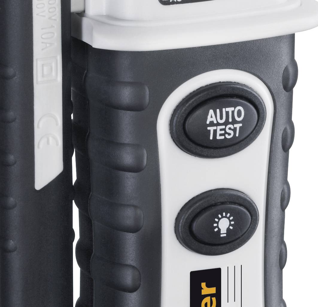 Bliski kadar elektroničkog uređaja za testiranje s dvije vidljive tipke: 'AUTO TEST' i simbolom žarulje za funkciju osvjetljenja.