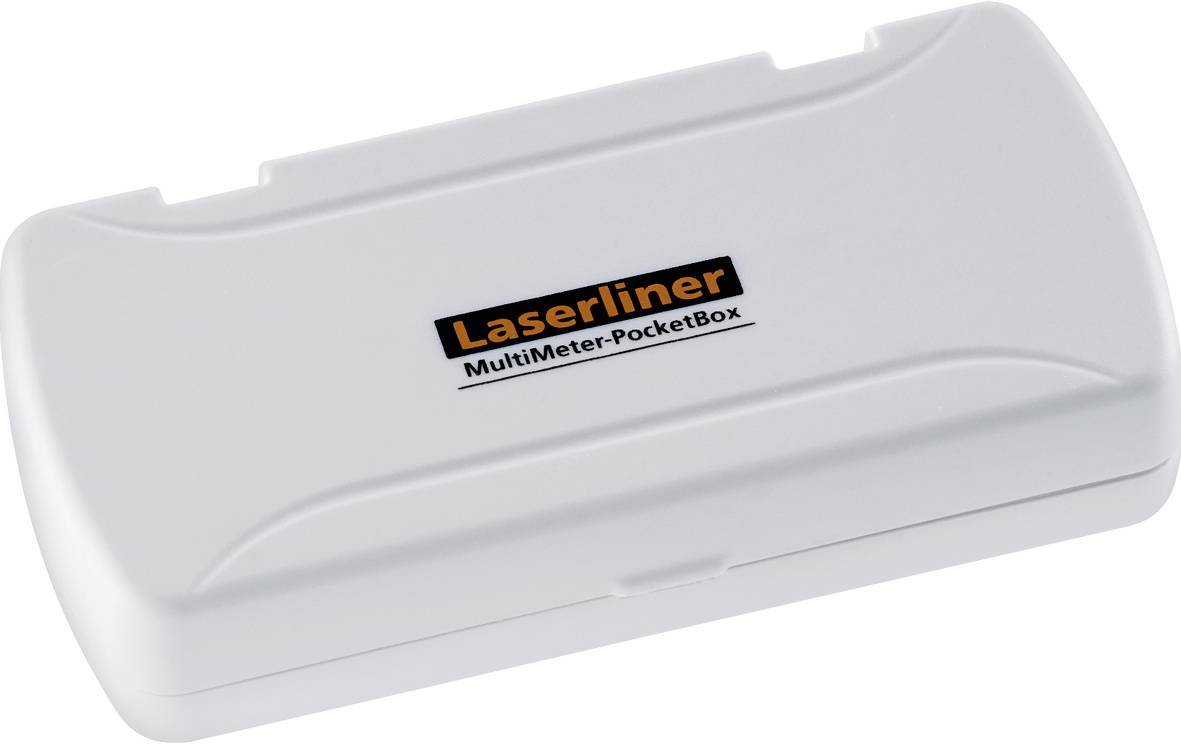 Zatvorena bijela plastična kutija s natpisom 'Laserliner MultiMeter-PocketBox' na poklopcu.