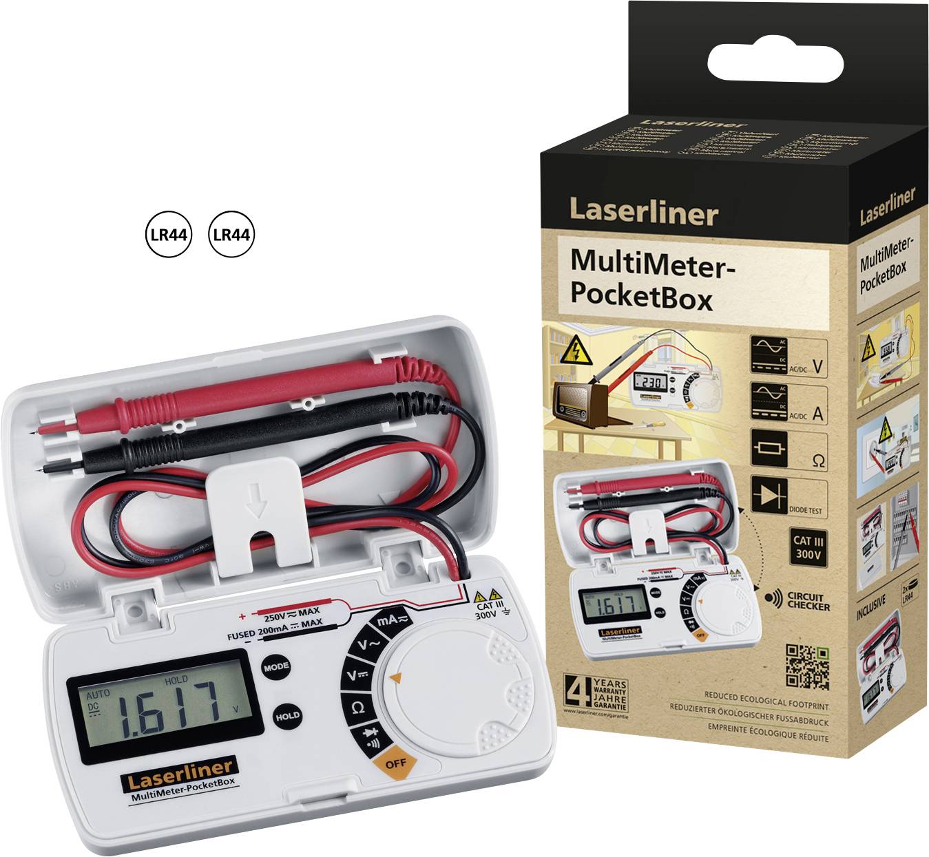 Laserliner MultiMeter PocketBox u otvorenoj zaštitnoj futroli s digitalnim zaslonom i mjernim kabelima. Pakiranja prikazuje tehničke specifikacije.