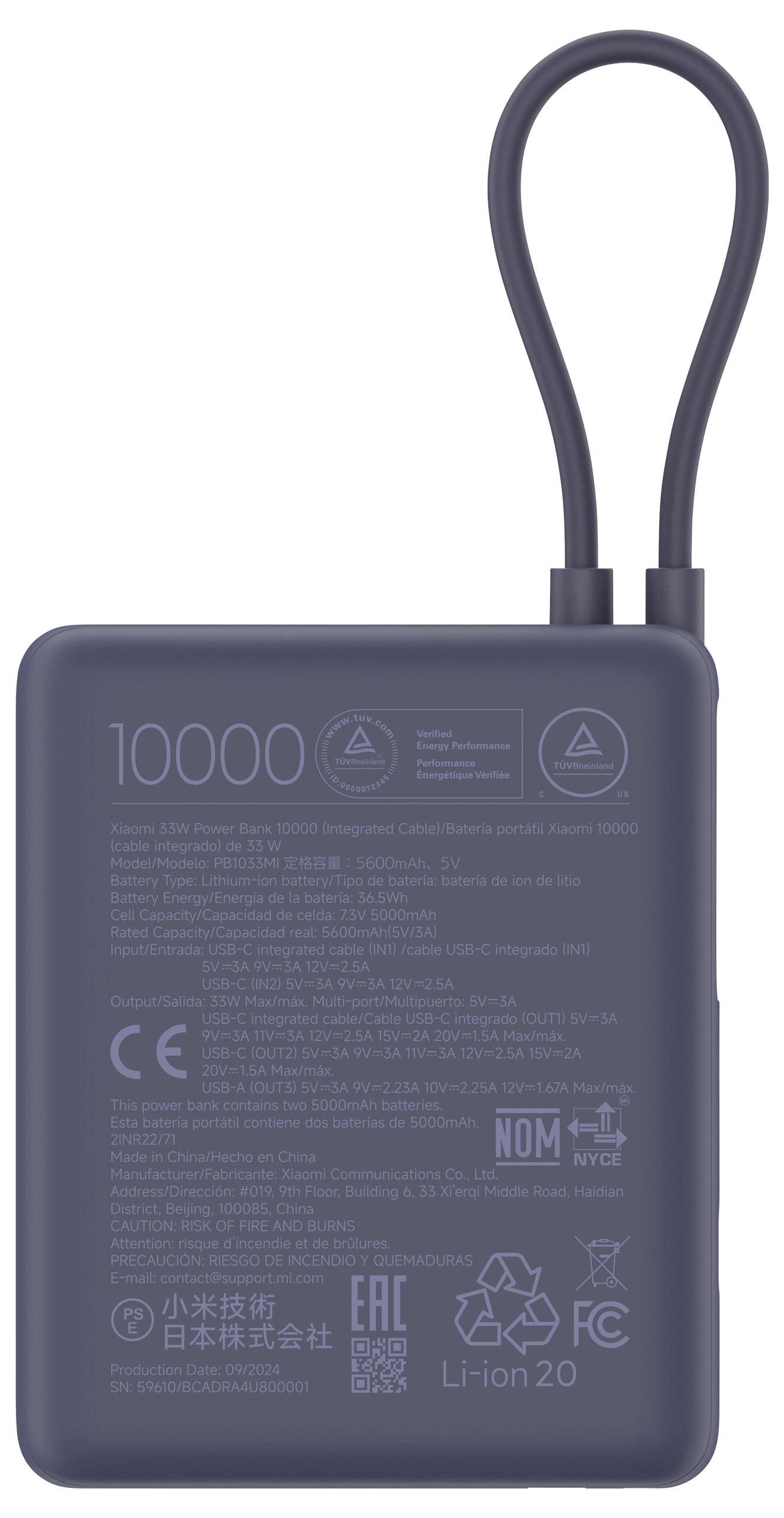 Mobilna baterija, kapaciteta 10000mAh, CE- i FCC-certificirana, crne boje sa dva USB-priključka i jednim kabelom.
