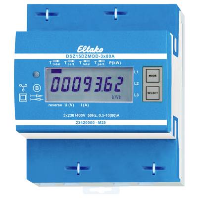 Električni brojač energije s LCD zaslonom prikazuje '00093,62 kWh'. Uređaj je plave boje i mjeri trofaznu potrošnju struje do 80A.