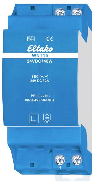 Plavo napajanje tvrtke Eltako, model WNT15, 24VDC/48W. Primarni napon: 88-264V. Sekundarni napon: 24V DC, 2A.