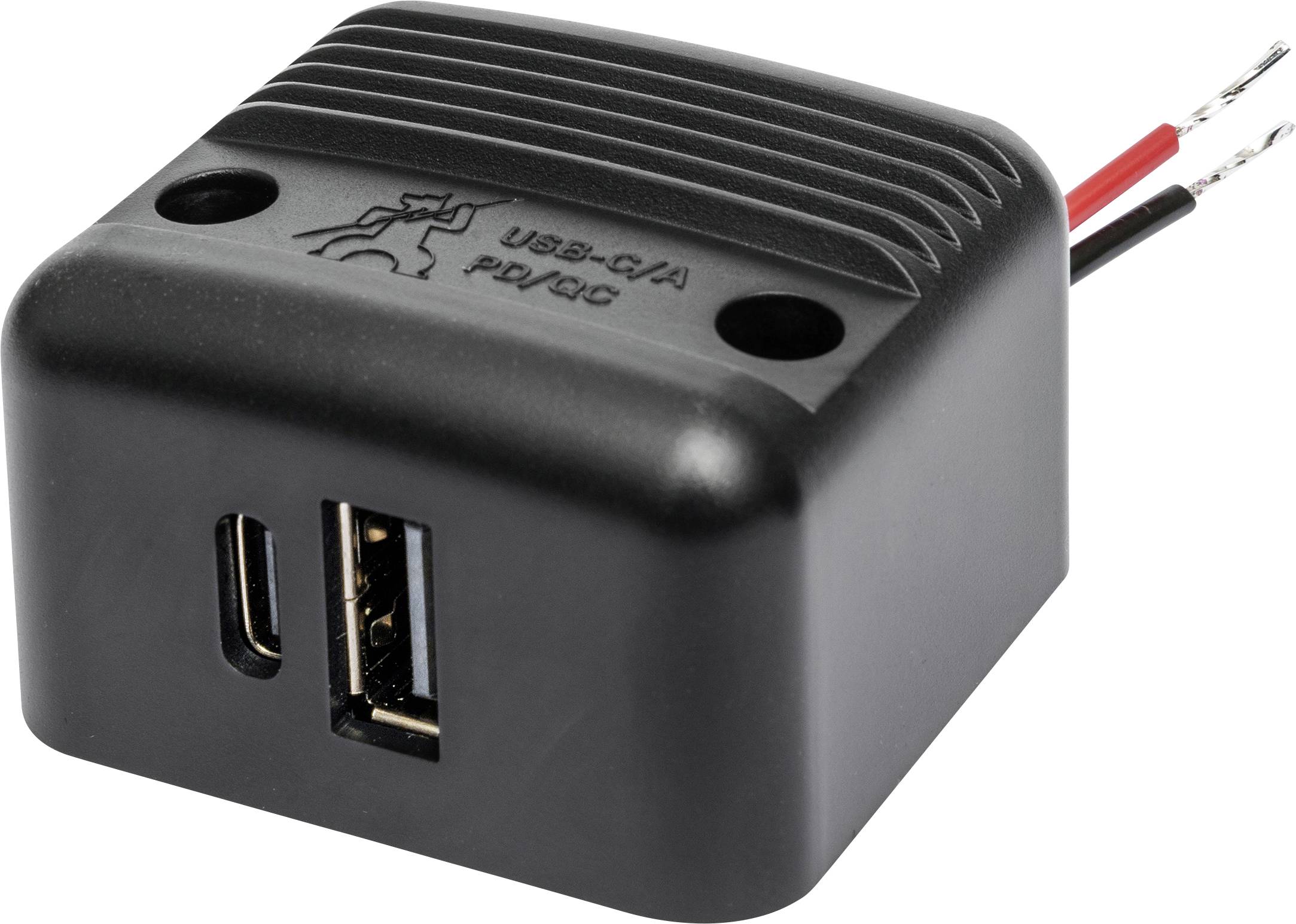 Crni USB punjač s USB-C i USB-A priključkom, dva izložena kabela prema izvoru napajanja.