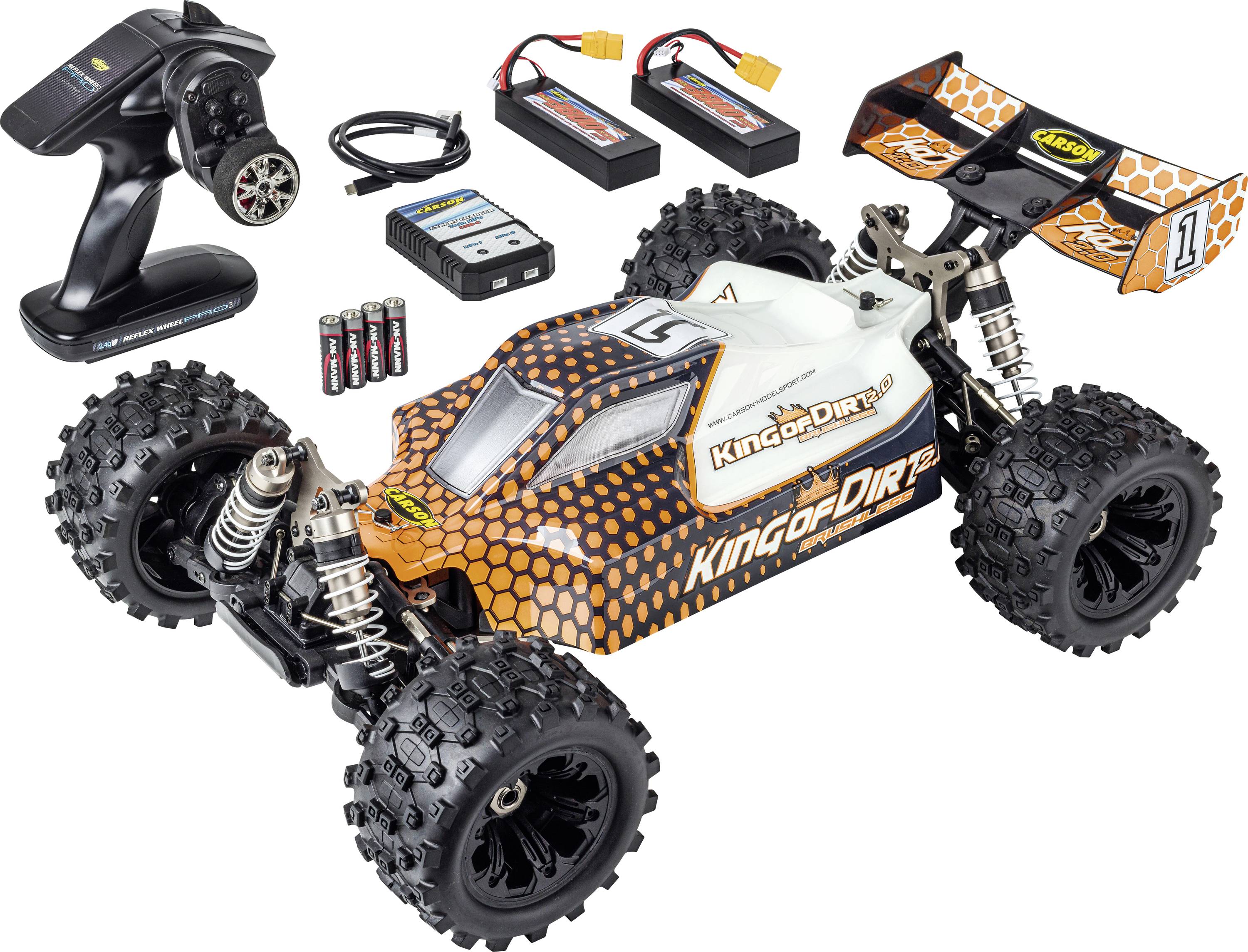 Carson Modellsport King of Dirt 2.0 Oranje, Zwart Brushless 1:8 RC auto Elektro Buggy 100% RTR 2,4 GHz Incl. accu, oplader en batterijen voor de zender afbeelding