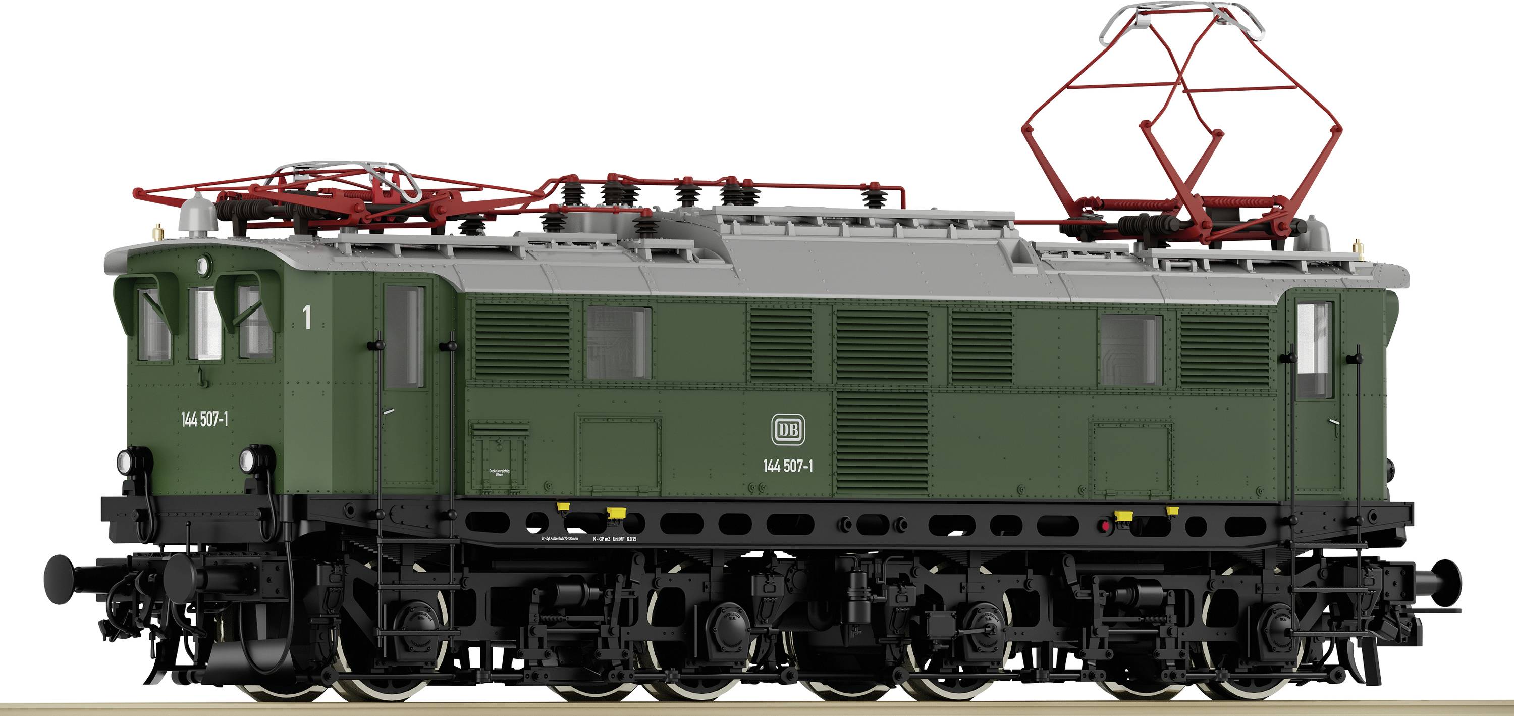 Slika prikazuje zelenu lokomotivu Deutsche Reichsbahn-a s crvenim strujnim hvatačima na tračnicama. Modelni broj je vidljiv.