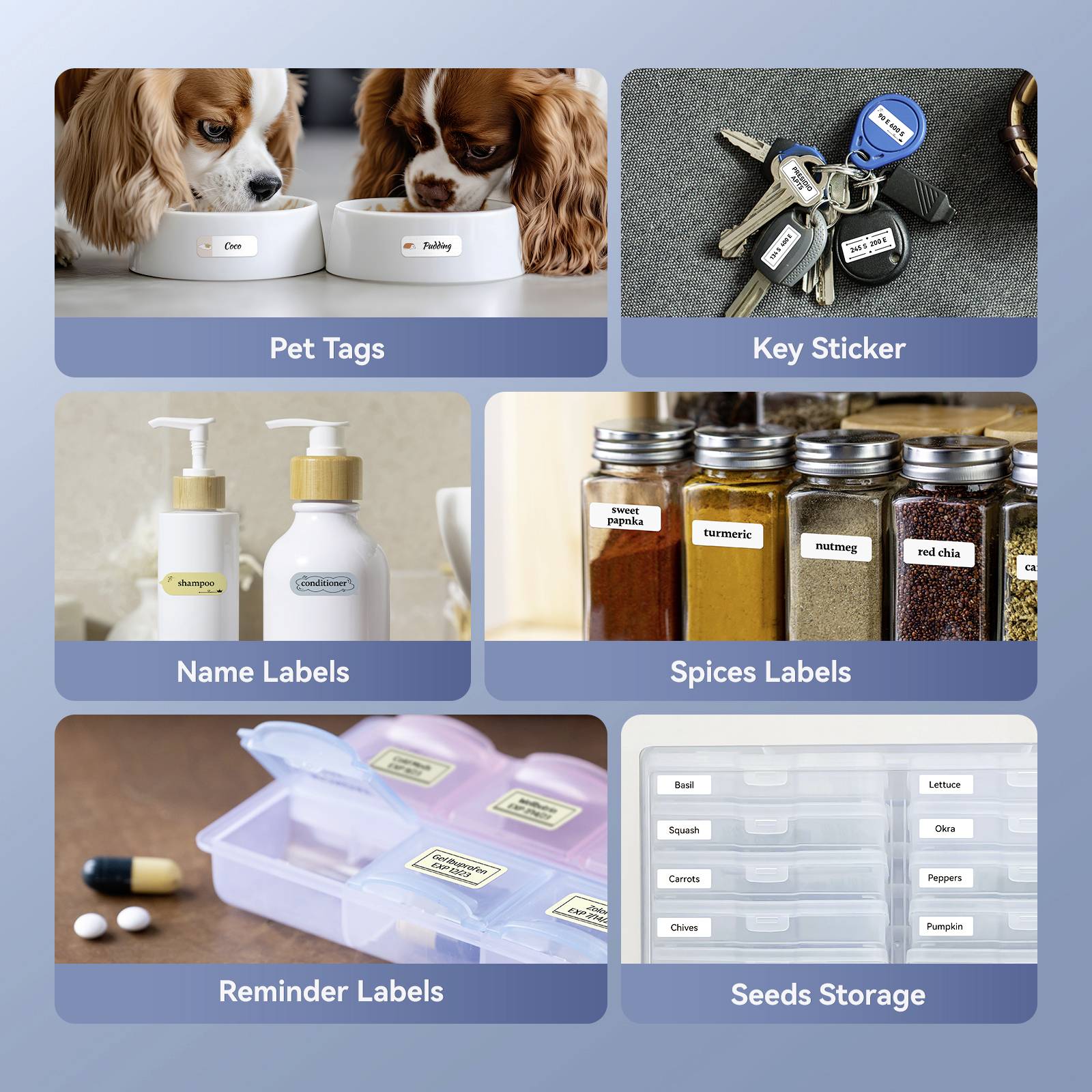 'Slike rješenja za naljepnice: oznake za životinje, naljepnice za ključeve, natpisne naljepnice, naljepnice za začine, memorijske naljepnice i naljepnice za sjeme.'