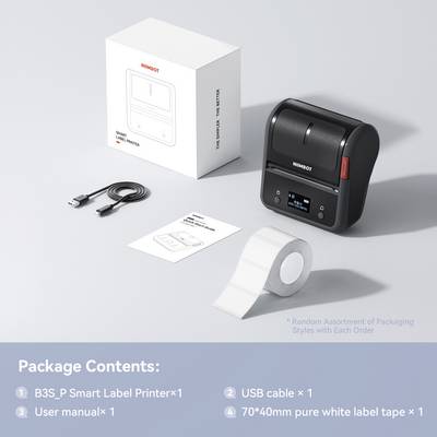 Paket sadrži: 1 Pametni Label Printer, 1 USB kabel, 1 Korisnički priručnik i 1 bijelu etiketu na rolni (70x40 mm).