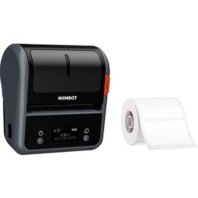 Kompaktni printer za naljepnice pored role prozirnih naljepnica. Printer ima crno-sivi dizajn.