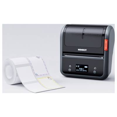 Mobilni printer naljepnica s digitalnim zaslonom pored role papira s naljepnicama. Zaslon prikazuje postavke spremnosti za ispis.