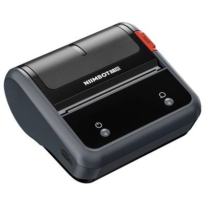 Crni, kompaktni printer za naljepnice s crvenom tipkom sa strane. Logotip marke na gornjoj strani.