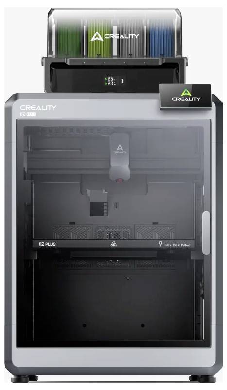 3D printer sive boje s logotipom Crealityja, prikazuje prednji pogled s transparentnim prozorom, filament vidljiv gore.