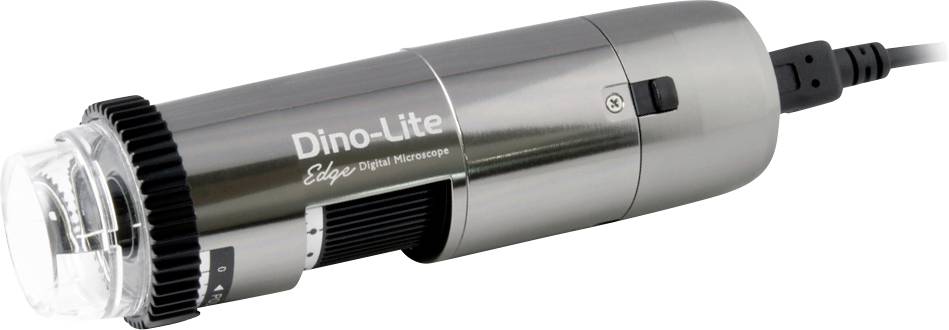 Digitalni mikroskop Dino-Lite Edge cilindričnog oblika, srebrne boje, s USB priključnim kabelom. Pogodan za precizna povećanja i detaljne opservacije.