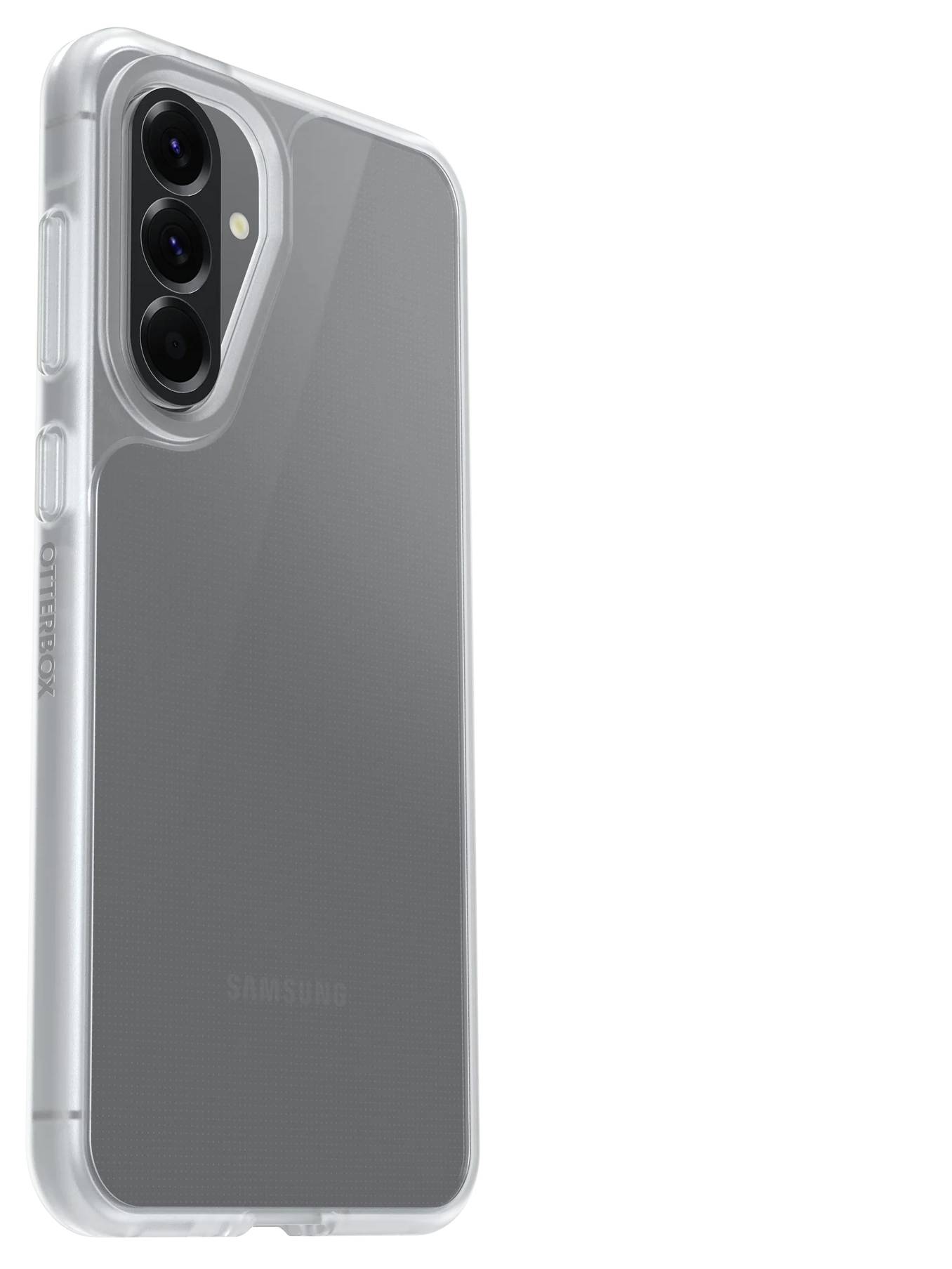 Prozirna zaštitna futrola za telefon na Samsung pametnom telefonu, prikazuje stražnju stranu s izrezom za trostruku stražnju kameru i tekstuiranom sivom završnom obradom.