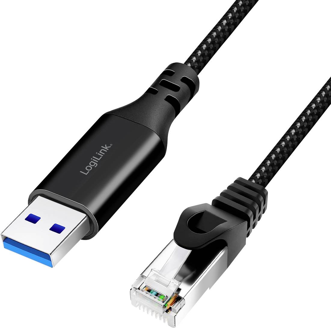 'LogiLink' USB na Ethernet adapter kabel, crni, krupni plan. Povezuje USB 3.0 s RJ45 priključkom za mrežne veze.