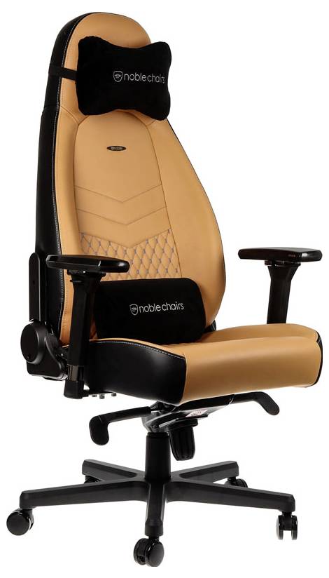 Ergonomska gaming stolica u smeđoj i crnoj boji s podesivim naslonima za ruke, jastukom za lumbarni dio i mogućnošću okretanja.